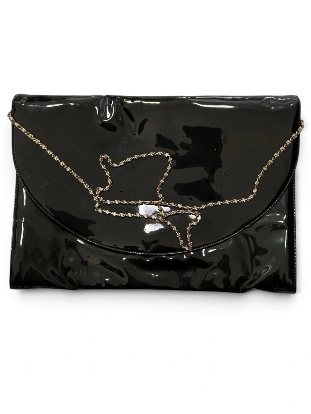 Black Patent Envelope Clutch with Chain Strap